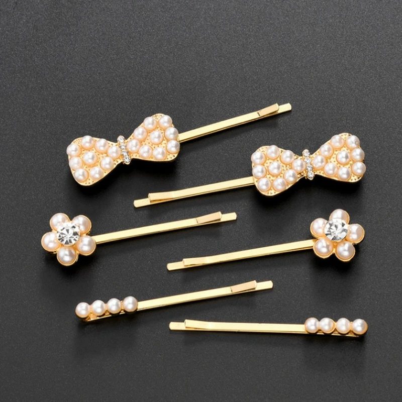 

Cute Pearl Hair Clips For Baby Girls Gold Color Bow Flower Child Barrettes Rhinestone Hairpins French Hair Accesorios Mujer