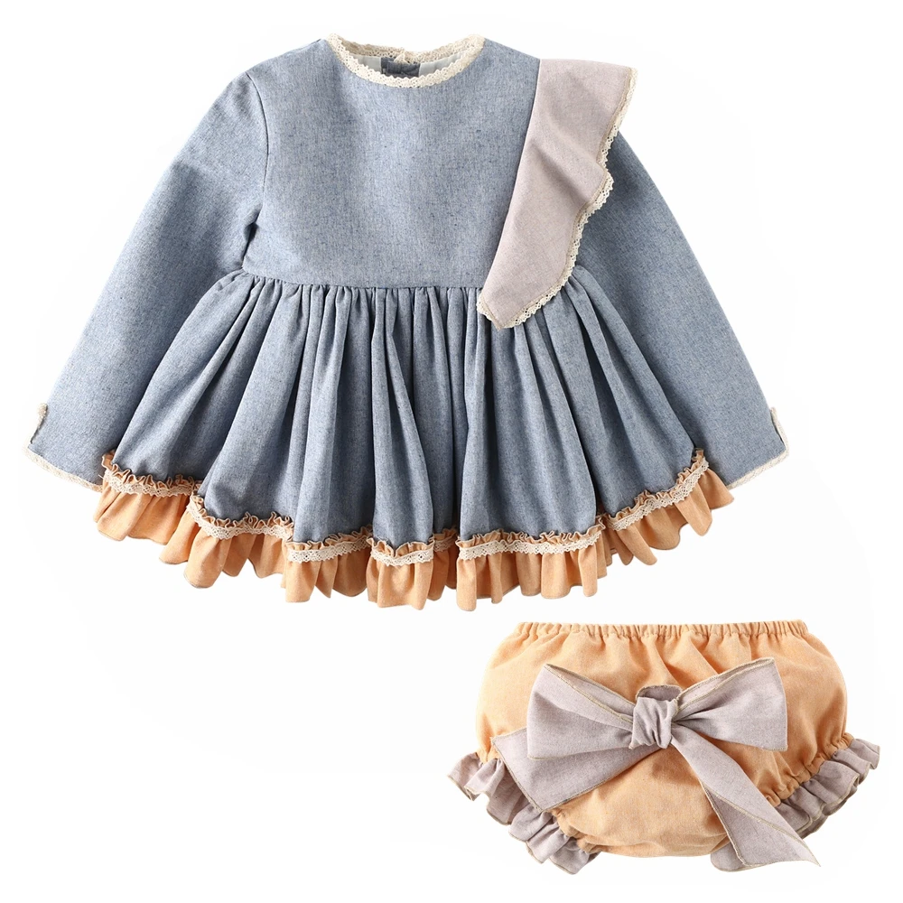 Vintage Mini world Toddler light Blue Dress baby outfit with bloomers baby bloomers set  (11)_
