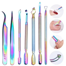 Двойной концевой кутикулы ногтей толкатель Хамелеон сталь ложка-скребок для снятия лака Пинцет Стразы нескользящий Маникюр SA713