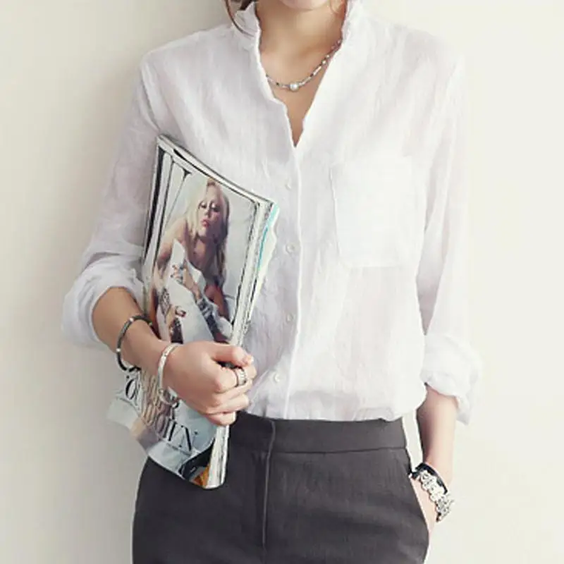 Hot Sale Autumn Linen White Shirt Chemisier Femme Womens