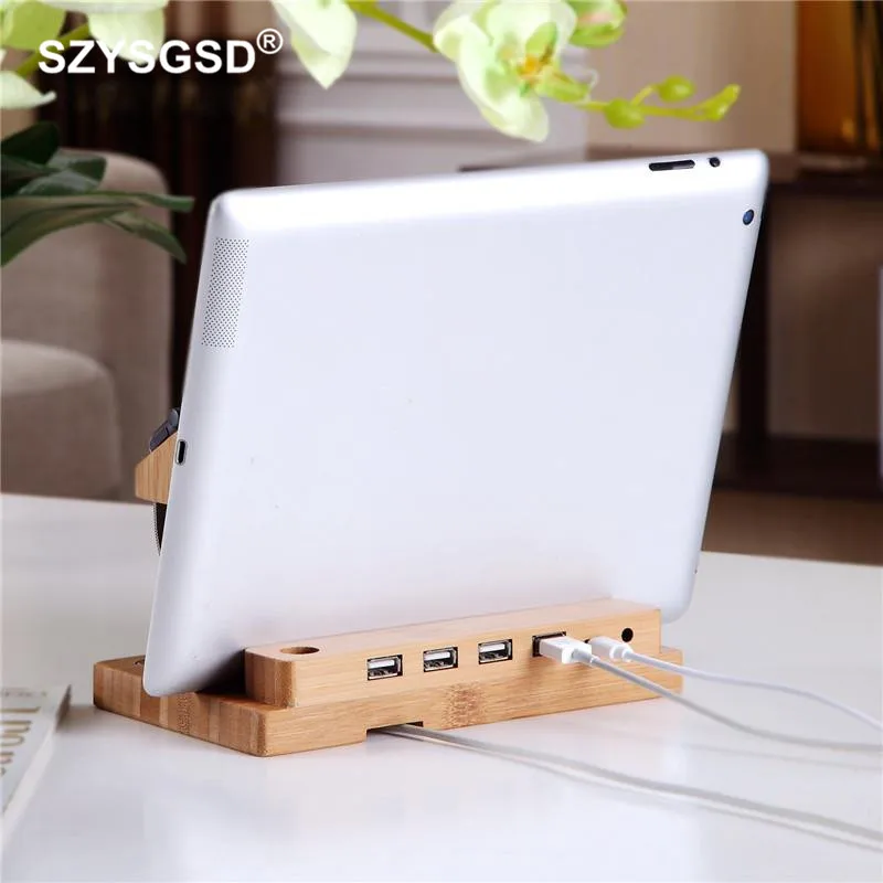 

SZYSGSD Bamboo Charging Docking Station For Apple Watch Charger Stand Holder For iPhone X 8 7 iPad Multifunction 4 USB Charger