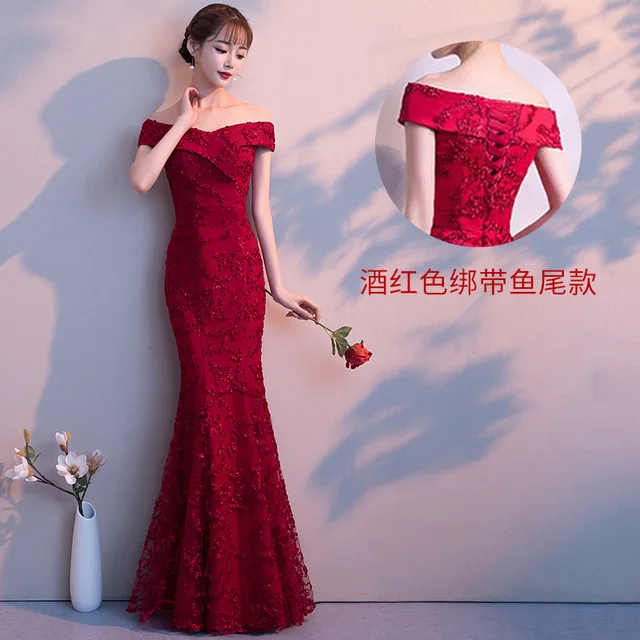 Новые китайские красные женские Cheongsam Сексуальные с открытыми плечами Qipao элегантные женские Русалка длиной в Пол платья невесты тост платье платья - Цвет: wine red 2