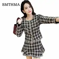 tweed Plaid jacket coat + autumn / winter women's New Fish tail Skirt suit ladies fashion 2 piece suit