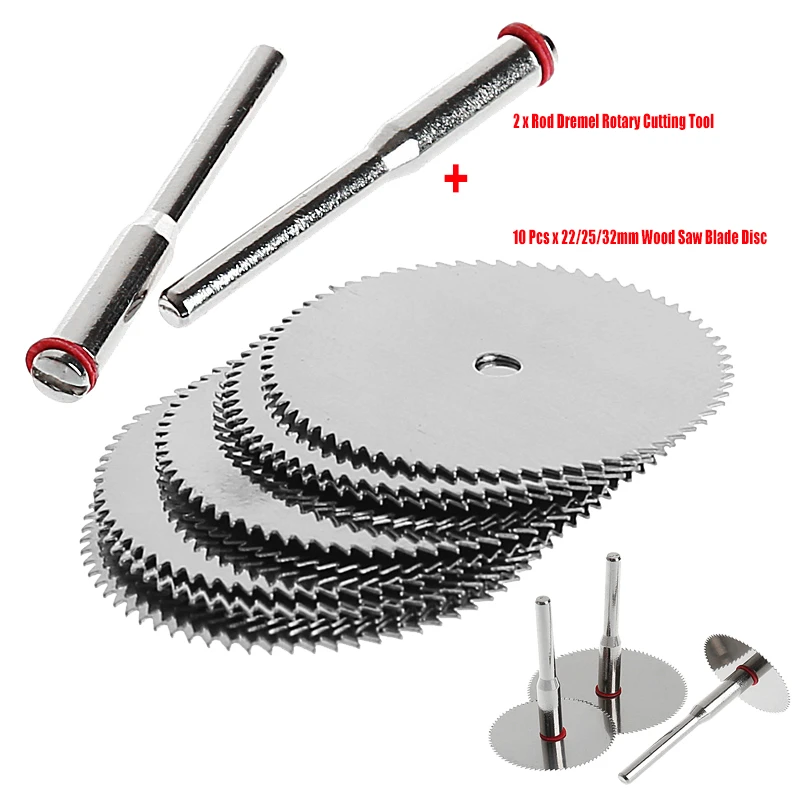 10PCS/SET Wood Saw Blade Disc + 2 x Rod Dremel Rotary Cutting Tool 22mm