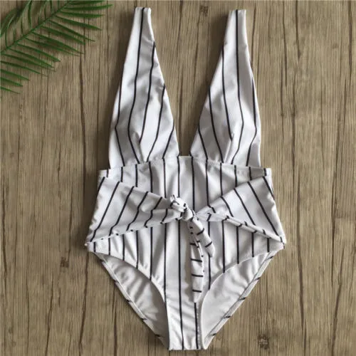 

2019 New Striped Bandage Backless Women One Piece Bikini Push Up Monokini Swimsuit Swimwear Bathing Suit