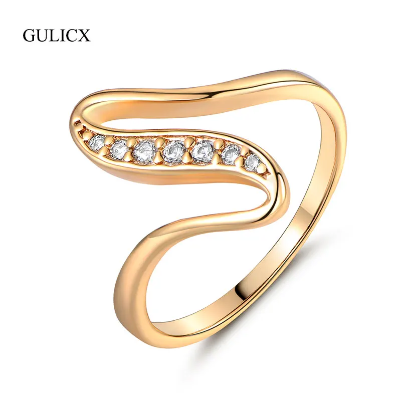 GULICX X SHape Snake Curve Rings Unique Gold-color Ring White Crystal CZ Zirconia Engagement Rings for Women Jewelry R103