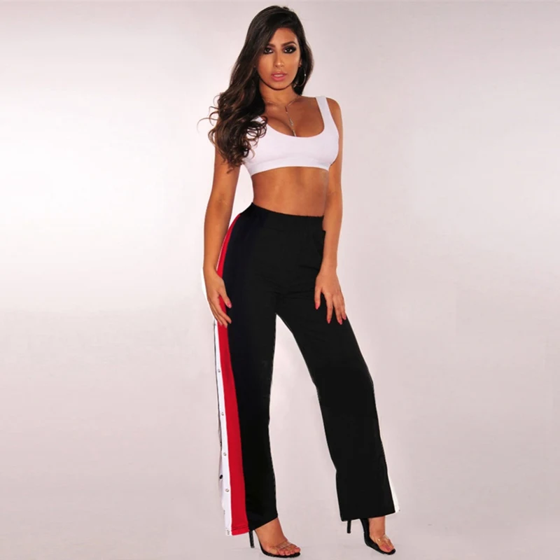 

Women High Split Wide Leg Pants Cropped Bottom Pants Side Slit Contrast Striped Back Zipper Loose 2019 Casual Trousers