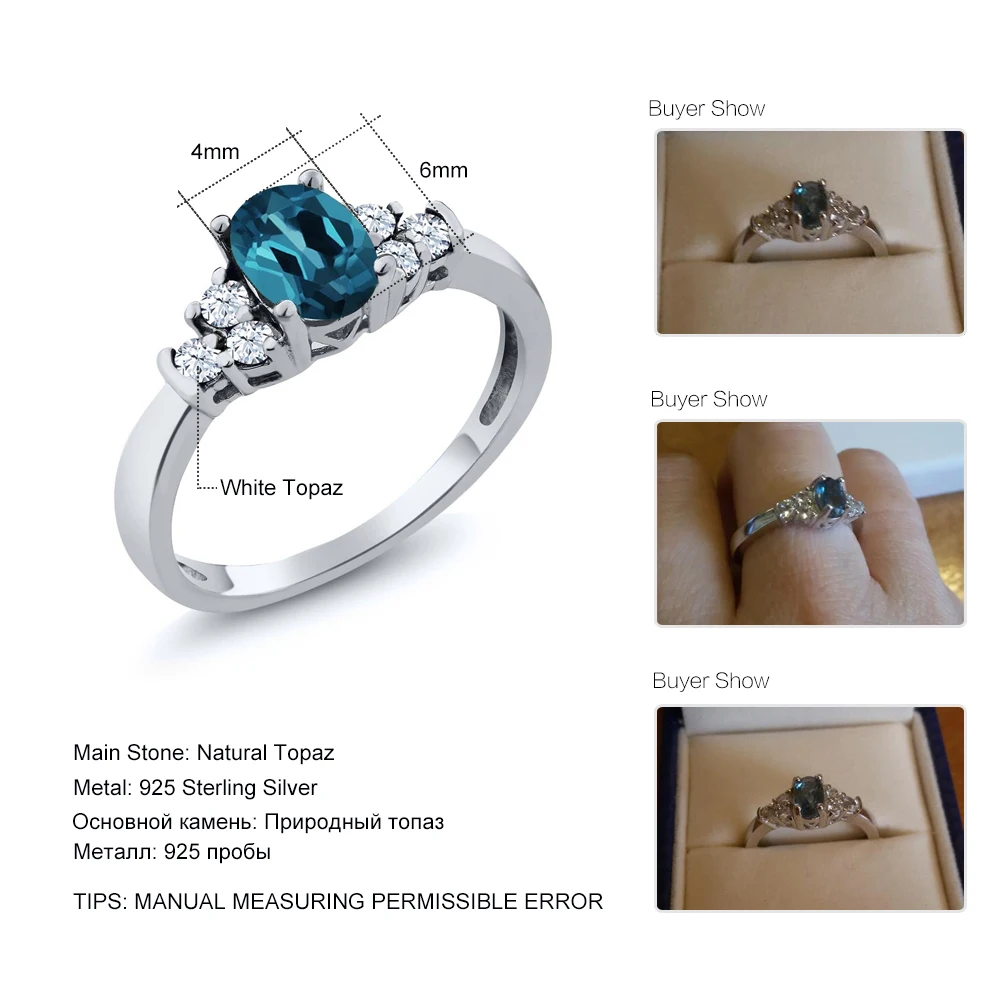 Gemstoneking 0.79 CT ОВАЛЬНЫЙ Лондон Голубой топаз белый Драгоценное кольцо