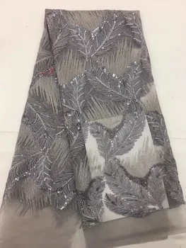 

African Laces 2018 Grey Bridal Tulle Fabric 3 d applique Sequins Embroidered French Lace Fabric With 3 D Flowers Wedding