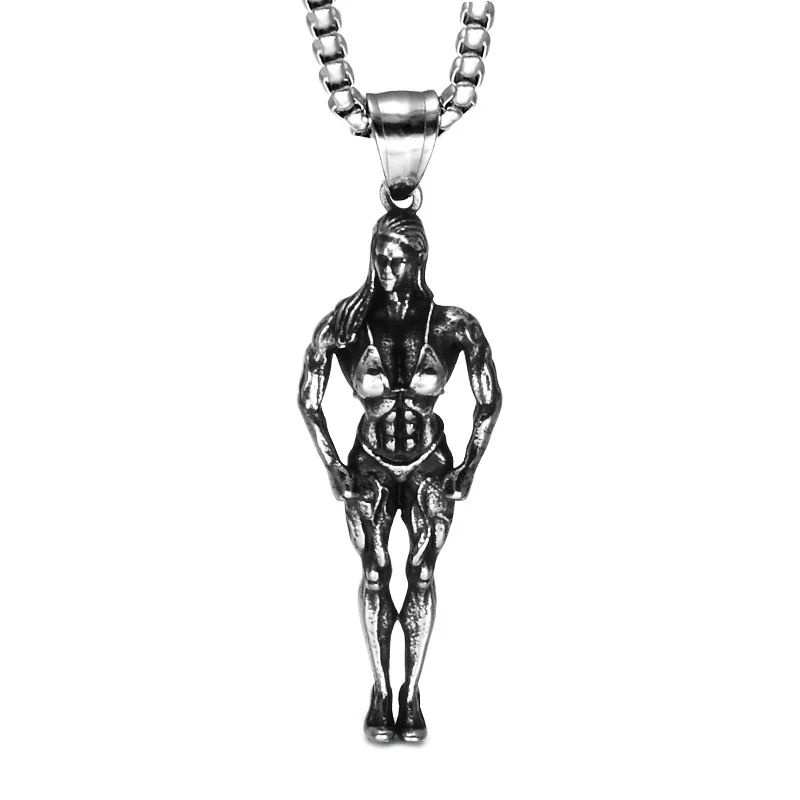 

US7 Bodybuilder Charm Punk Vintage Pendant & Necklaces Cool Stainless Steel Sport Fitness Cool Necklace Gym Jewelry
