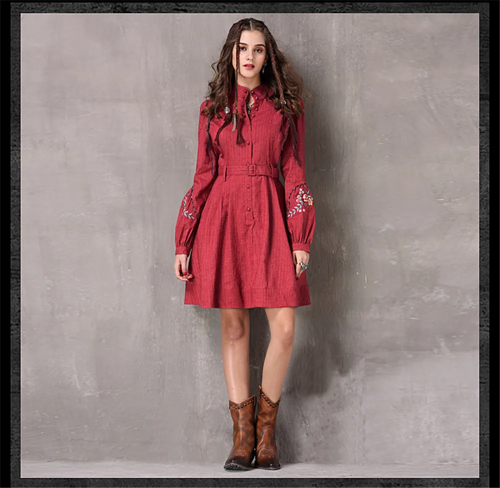 Vintage Spring Women's Dress 2018 New Cotton Linen Vestidos A-line Lantern Sleeve Stand Collar Belted Red Dresses For Women (9)