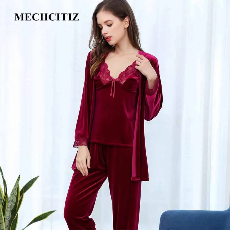 MECHCITIZ 3 pieces women pajamas set winter warm velvet bathrobe top