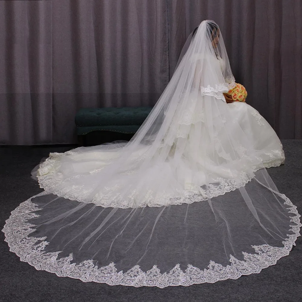 High Quality 2 Layers Long 3M Wedding Veil 3 Meters 2T Sequins Lace Cover Face White Ivory Bridal Veil Bride Accessories High Quality 2 Layers Long 3M Wedding Veil 3 Meters 2T Sequins Lace Cover Face White Ivory Bridal Veil Bride Accessories