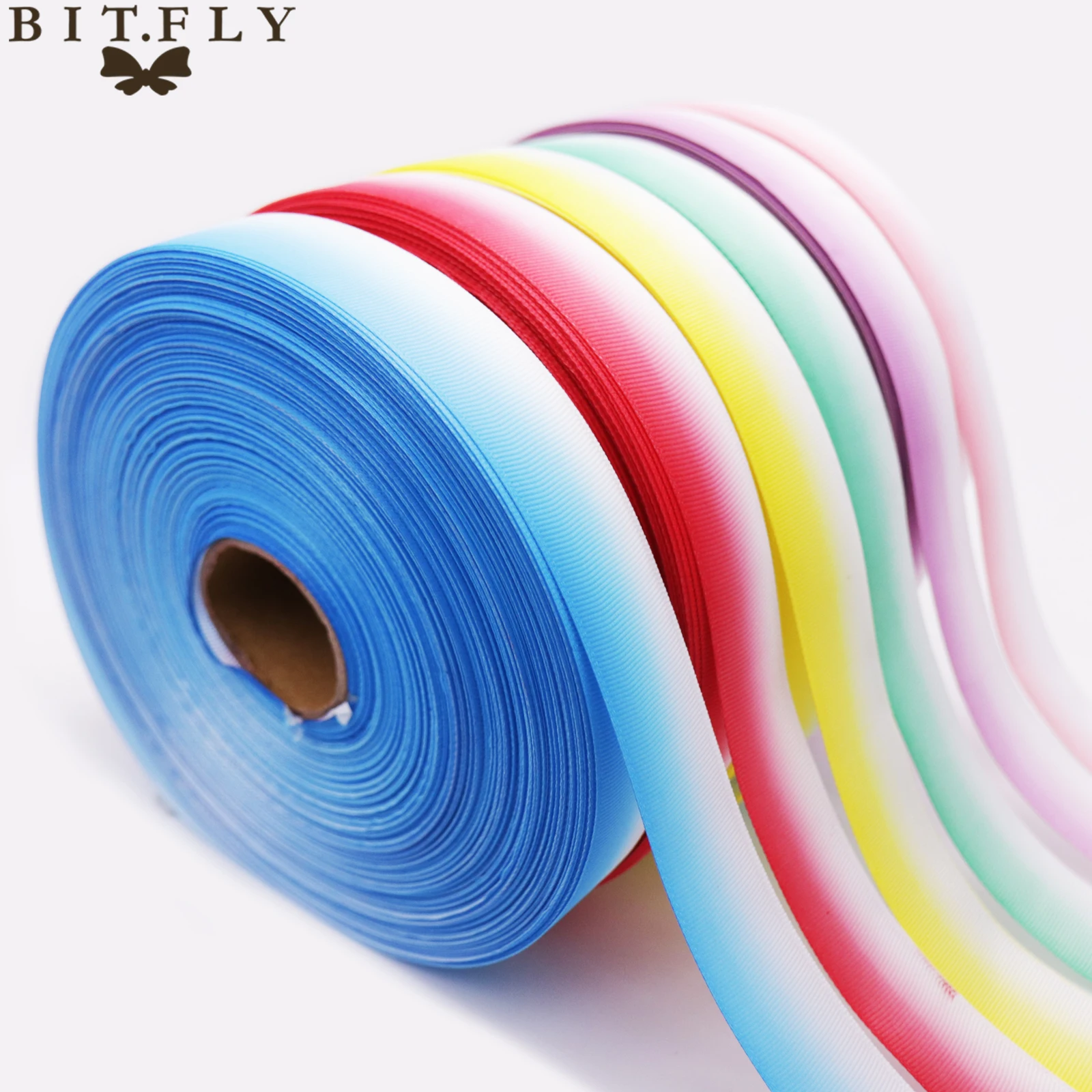 

BIT.FLY 10yard 25mm Gradient color Grosgrain Ribbon Wedding Party Package Handcraft Rainbow Ribbon Girls Favor Hair accessories