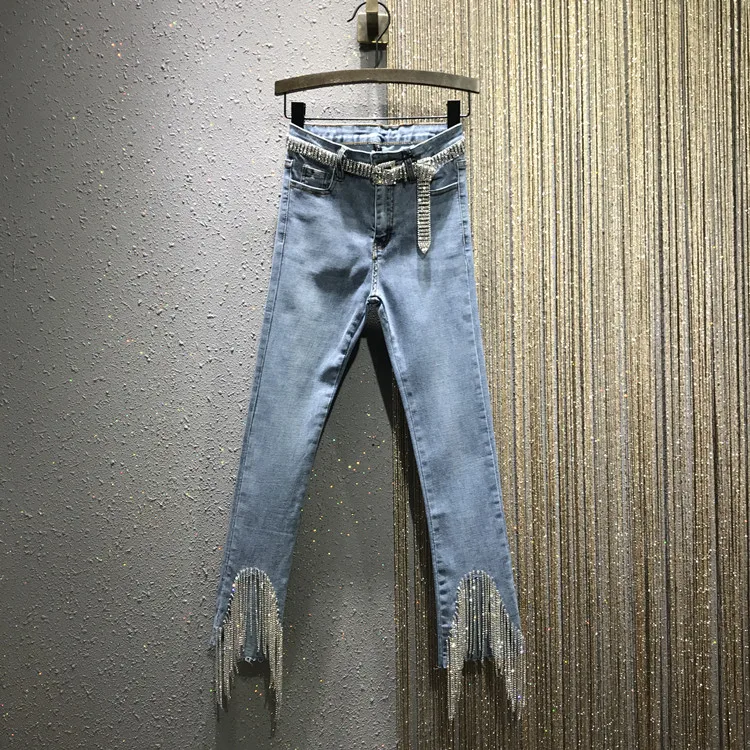 

2019 Spring and Summer New High-waist Slim Hole Ripped Jeans Women's Rhinestone Tassel Ankle Length Denim Pants