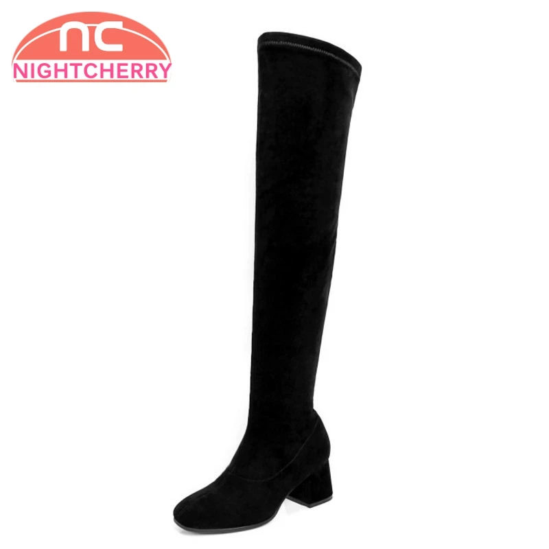 

NIGHTCHERRY Women Genuine Leather High Heel Boots Round Toe Over The Knee Boots Winter Fur Shoes Women Footwear Size 34-39
