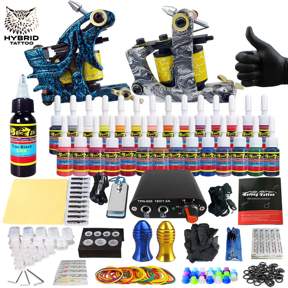 

Hybrid Complete Kit For Tattoo Liner and Shader Beginner Power Supply Foot Pedal Grips Needles Ink Set Tattoo Body&Art TK204-7