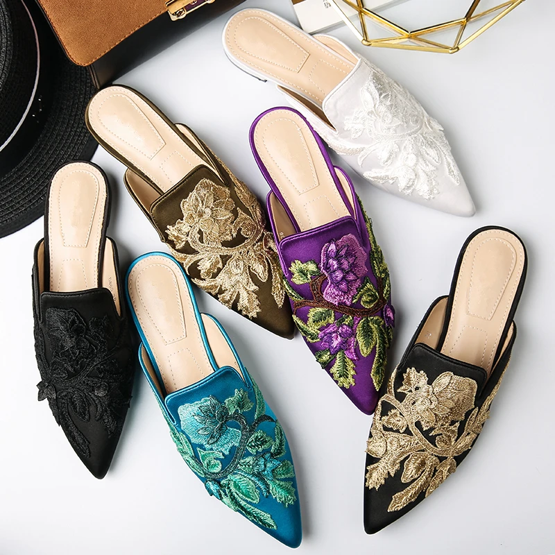 

New Fashion Loafers for Women Luxury Velvet Backless Slip On Loafers Embroidery Mule Slippers Elegant Mules Party Dress Shoes 4