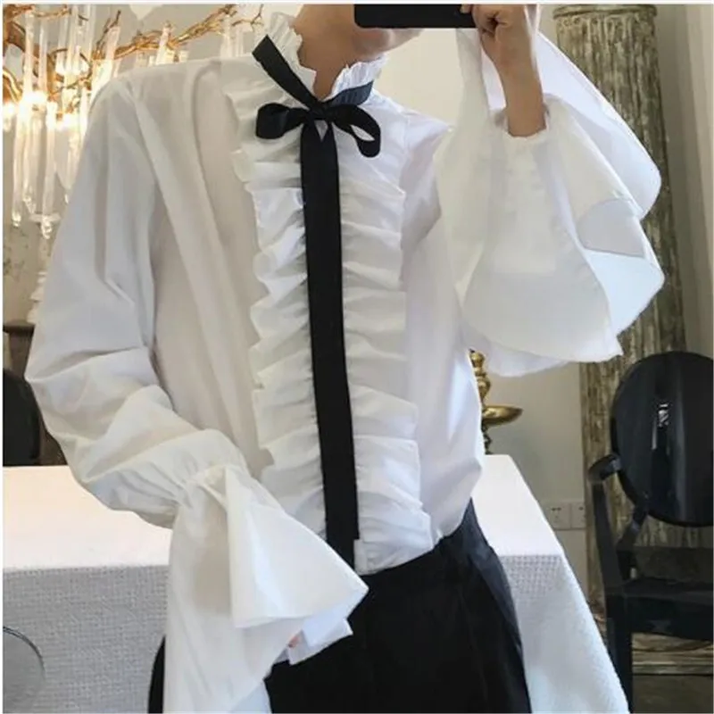 40% хлопковая рубашка Ретро Ruffleshirt мужская белая свадебная рубашка с расклешенными рукавами королевская дизайнерская рубашка в готическом стиле Мужская сорочка Homme