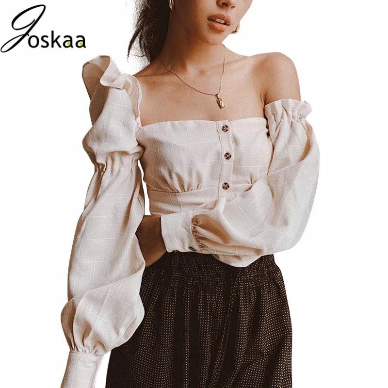

Joskaa Elegant WOmen Asymmetrical Rfuffle One Shoulder Crop Top Tunic Shirt Female Single-Breasted Plaid Party Top Blouse