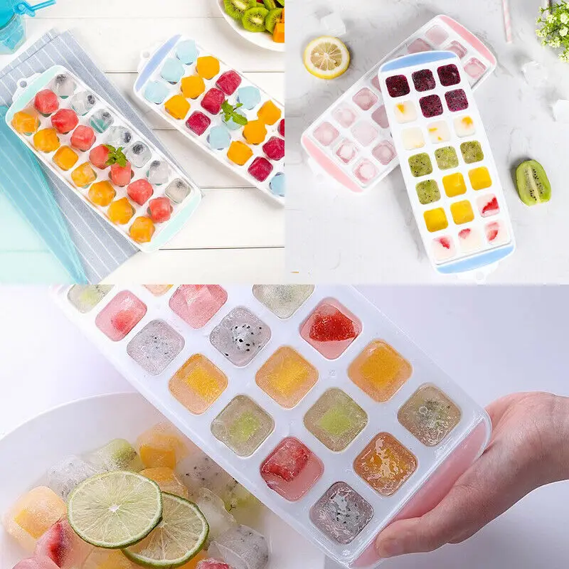 

Ice Cube Tray Easy Pop out Maker Plastic Silicone Top Mould 21 Jelly with Lids