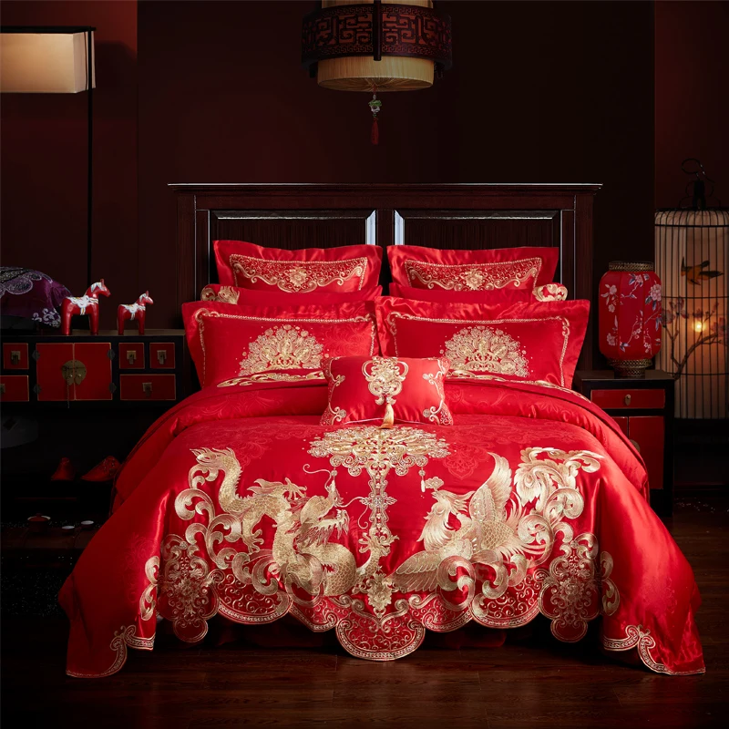 Luxery Embroidery Wedding 4/6/9 Pcs Bedding Set Satin Jacquard