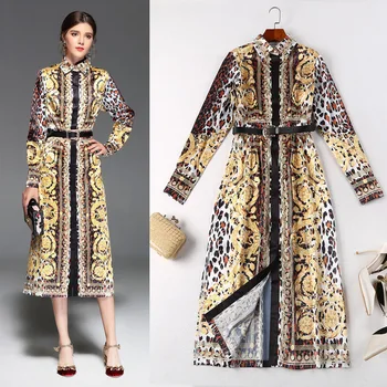 

New 18 spring/summer dress Lapel long sleeve in leopard grain orientation printing long dresses with belt