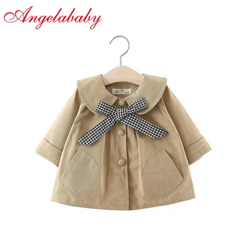 Girls spring solid color plaid bow tie trench baby kids fashion turn-down collar coats kids long sleeve jackets clothes