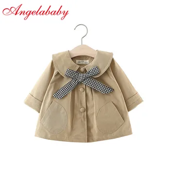 

Girls spring solid color plaid bow tie trench baby kids fashion turn-down collar coats kids 2019 long sleeve jackets clothes