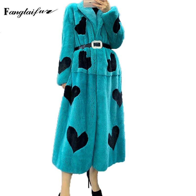 

Fang Tai Fur 2019 Women Import Velvet Mink Fur Coat Turn-Down Collar Print Heart Mink Coats Women's X-Long Real Mink Fur Coats