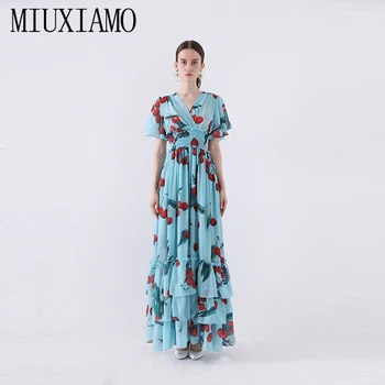 

MIUXIMAO Custom Plus Size Dress 2019 Summer Maxi Dress New Arrival V-Neck Cherry Print Floor-Length Cake Long Dress Women