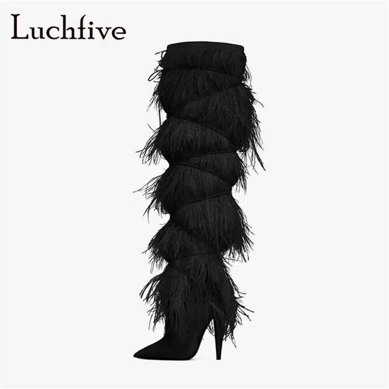 Kid suede fringe long boots for women sexy pointed toe thin high heels knee-high boots black blue white fur feather shoes women Kid suede fringe long boots for women sexy pointed toe thin high heels knee-high boots black blue white fur feather shoes women