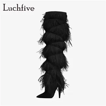 

Kid suede fringe long boots for women sexy pointed toe thin high heels knee-high boots black blue white fur feather shoes women