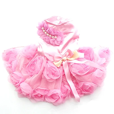 Платье принцессы для собак; платье-пачка с розочками и бантом; юбка для кошек и щенков; сезон весна-лето; одежда; 2 цвета - Цвет: Розовый
