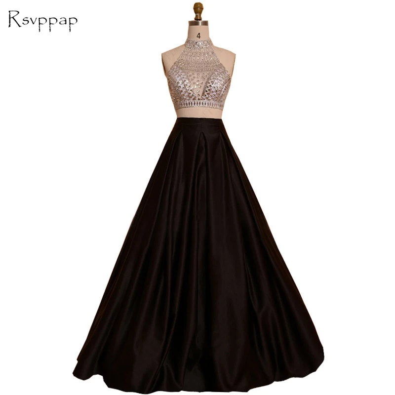 

Long Prom Dresses 2020 Real Picture High Neck Top Beaded Crystals Floor Length Backless African Black Two Piece Prom Dress
