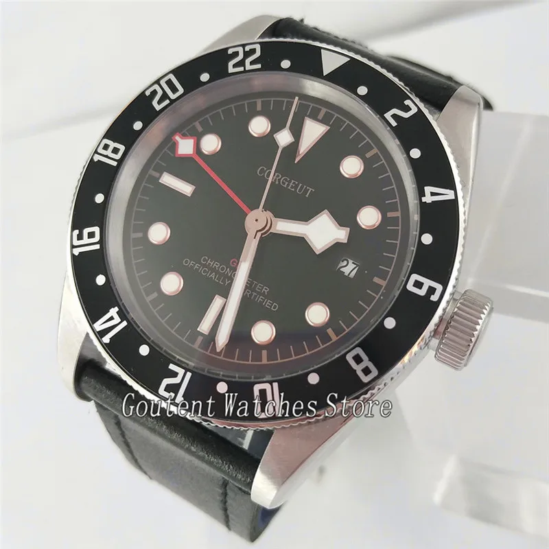 Corgeut 41 мм черный циферблат кожаный ремешок GMT автоматические мужские часы 2667
