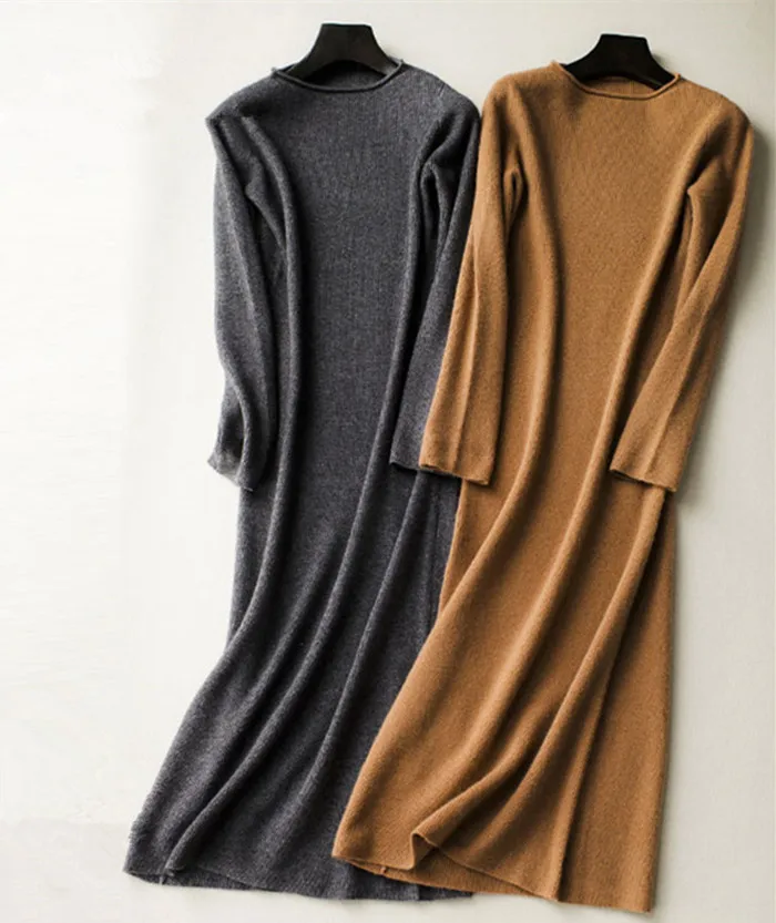 

pure goat cashmere knit women's fashion long pullover sweater dress Oneck hip-pack over knees S-XL wholesale retail customize