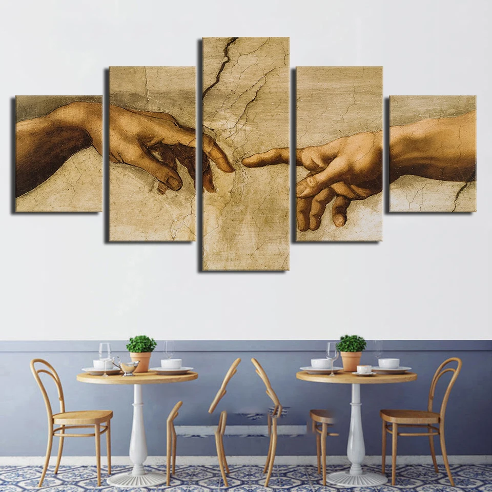 

Modular Prints Pictures Home Decorative Hd 5 Pieces Creation Of Adam Hand Of God Paintings Office Canvas Poster Wall Art Frame
