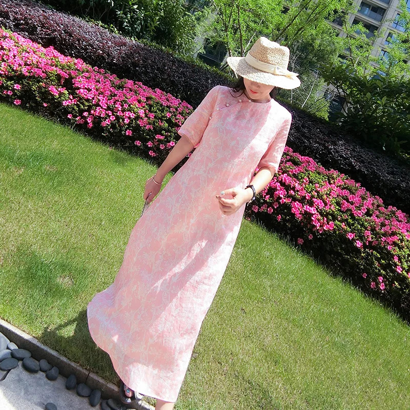 

2019 Spring Summer New Women's Clothing Printing Loose Big Code Casual Long Pink Dresses Outside 100% Linen Dress