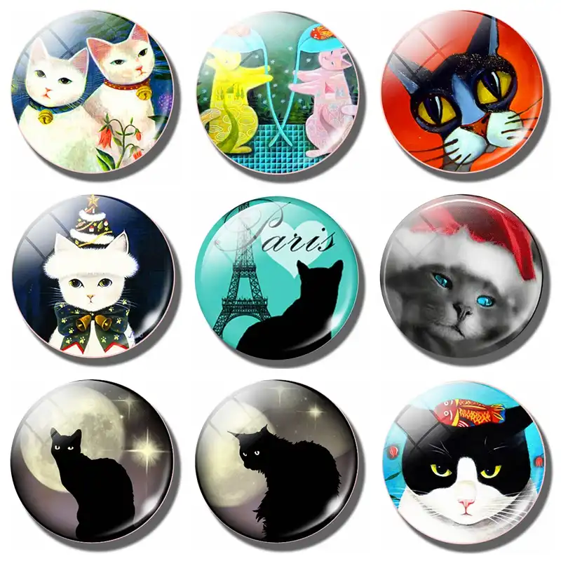 Прекрасный кот 30 мм магнит на холодильник забавная Черная Кошка Луна Париж Любовник стеклянный купол магнитные стикеры на холодильник Note держатель домашний декор