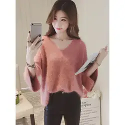 Vintacy вязаный свитер женский с v-образным вырезом свободные плотная с расклешенными рукавами пуловер Flare рукавом Осень 2018 зима Для женщин