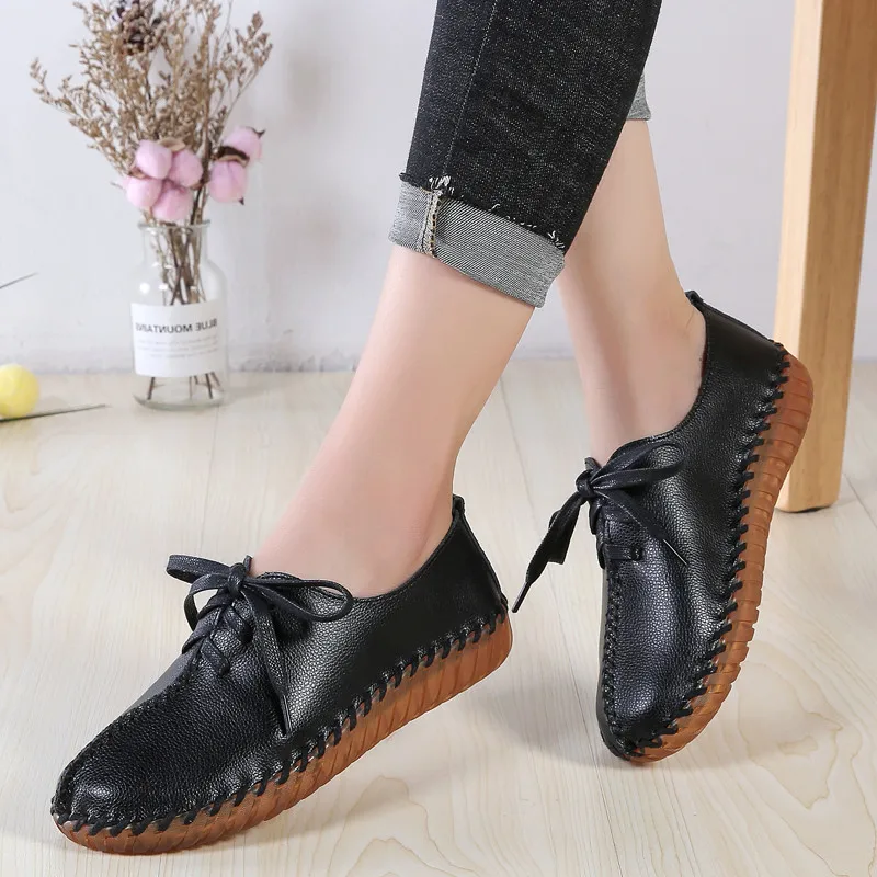 PINSEN Autumn Women Flats Shoes Handmade Genuine Leather Slip-on Shoes Woman Moccasins Ladies Oxfords Ballerina Flats Shoes - Цвет: 051 Autumn Black