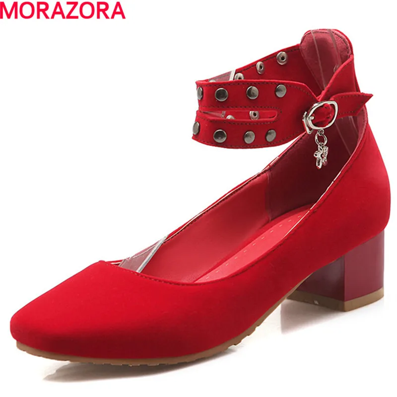 

MORAZORA newest spring fashion rivets buckle women pumps square toe flock solid color shoes high heeled party wedding shoes