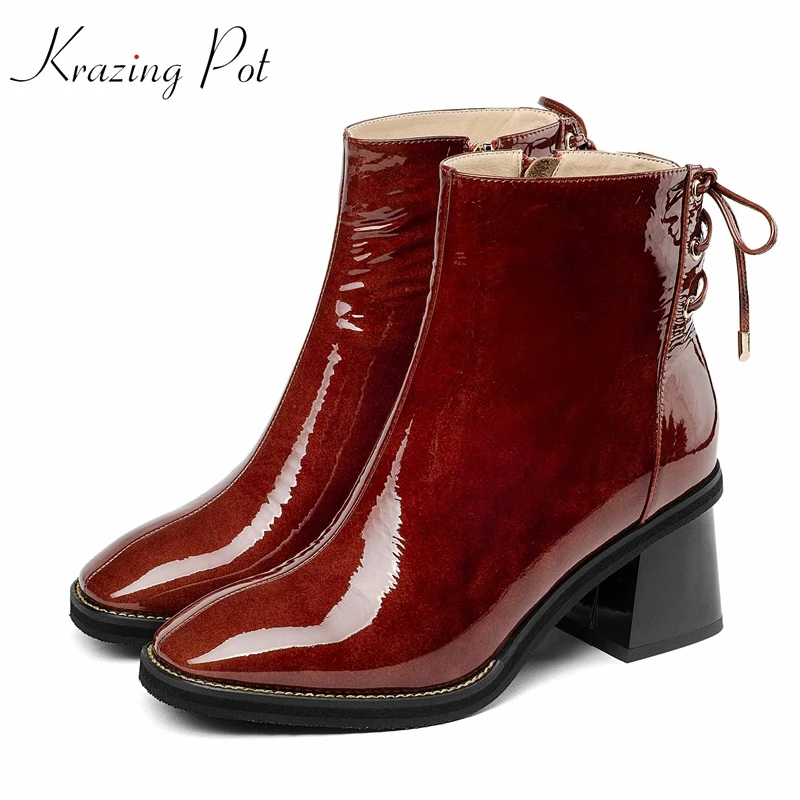 

krazing pot new arrival 2018 full grain leather patent pleated decoration basic boots women butterfly for Winter ankle boots L44