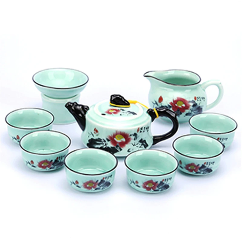 

Kung Fu Tea Set Set Ceramic Cover Bowl Tea Cup Teapot Tea Sea Complete Set Tea Set Hand-painted Celadon Household
