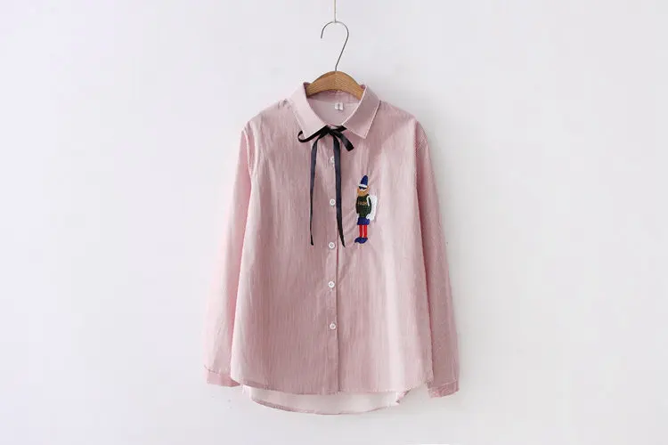 2019 Autumn Striped Tops Ladies Cute Soldier Embroidery Shirts Blouses Women Casual Bow Long Sleeve Blusas Mujer Chemise Femme (5)