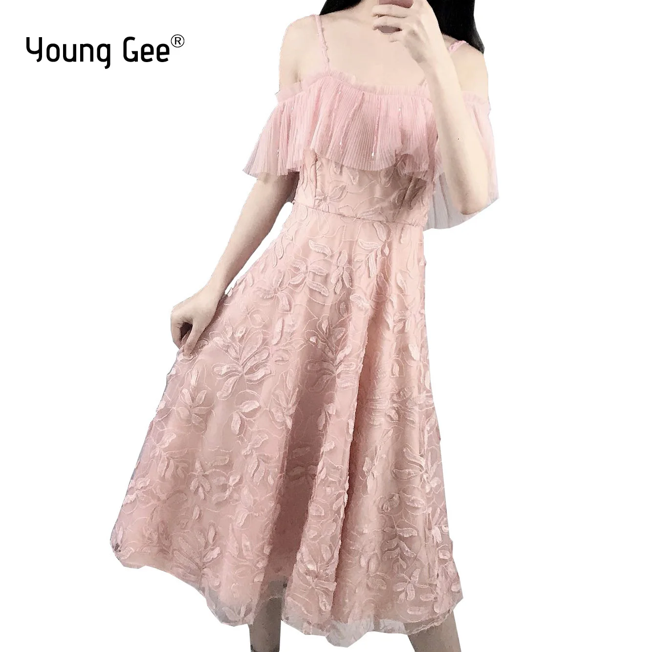 

Young Gee Women Elegant Lace Floral Embroidery Midi Dresses Sexy Spaghetti Strap Crystal Beading Pink Off Shoulder Party Dress