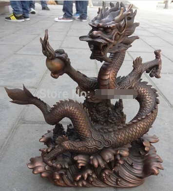 

free shipping 14" Chinese Pure Bronze Zodiac Animal Sculpture Wealth Fly Dragon Ball Statue