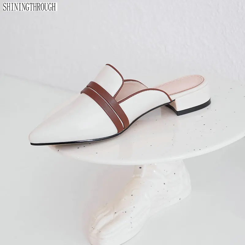 

Cow Leather Slippers Women Square Toe Low Heels Footwear Slides Shoes Mules Shoes Woman Summer 2019 New