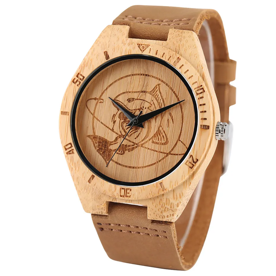 Creative Wood Watch Shark Fish Mens Womens Fashion Natural Bamboo Quartz Wrist Watch Sport Casual Wooden Leather Lucky Gifts Clock Relogio  (2)